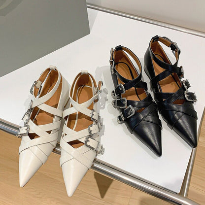 Punk Multi Metal Buckle Flat Shoes Women Real Genuine Leather Cross-band Pointed Toe Flats Ladies Casual Shoes Comfort
