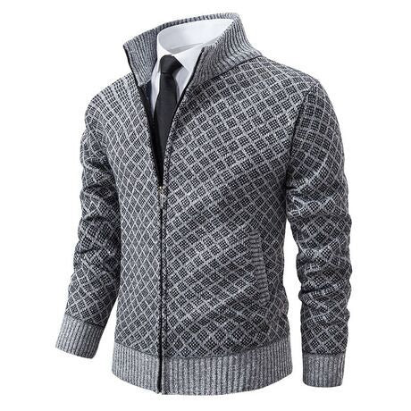 Velvet thickened casual stand up collar hooded zipper knitted jacket