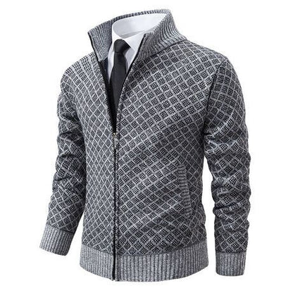 Velvet thickened casual stand up collar hooded zipper knitted jacket