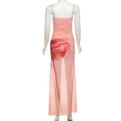 Sexy maxi-jurk met kant mesh spaghettibandjes en geplooide taille