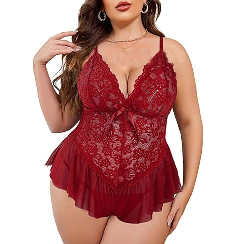 Sexy Lace Bow Deep V-Neck Plus Size Sleepwear Style Dress