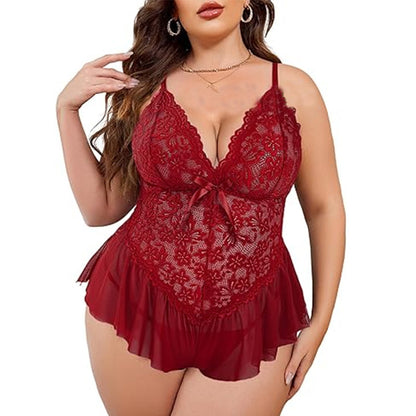 Sexy Lace Bow Deep V-Neck Plus Size Sleepwear Style Dress