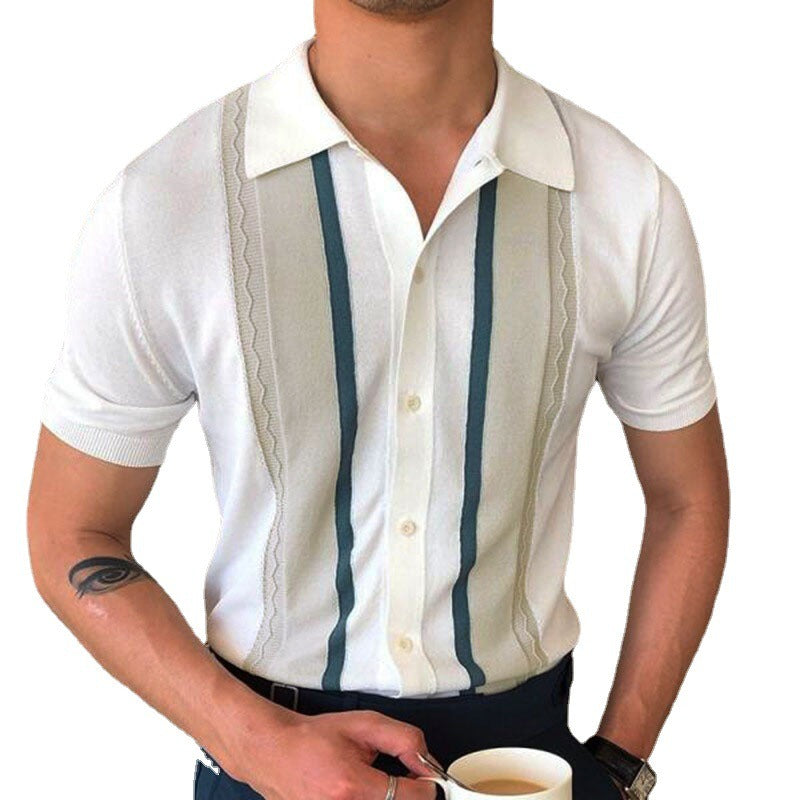 Summer New Men's Knitted Shirt Lapel Pullover Casual Stripe Polo Shirt Father's Day gift