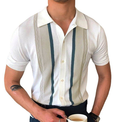 Summer New Men's Knitted Shirt Lapel Pullover Casual Stripe Polo Shirt Father's Day gift