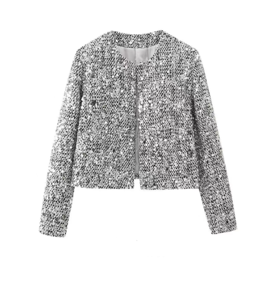 Elegante zilveren cropped jas met pailletten en chique ronde hals