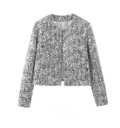 Elegante zilveren cropped jas met pailletten en chique ronde hals