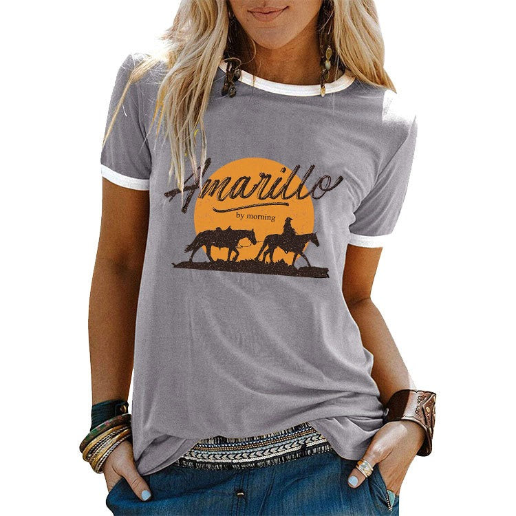 Summer women's amarillo by morning bull head contrasting retro T-shirt short sleeved