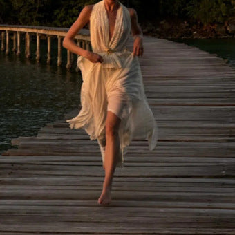 Halter Rugloze V-hals Top En Lange Rok In Vakantie Stijl