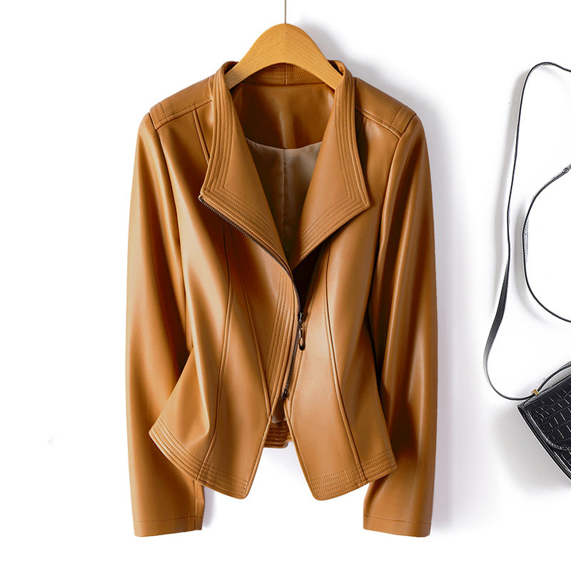 Womens PU Leather Biker Jacket Slim Fit Lapel Zipper