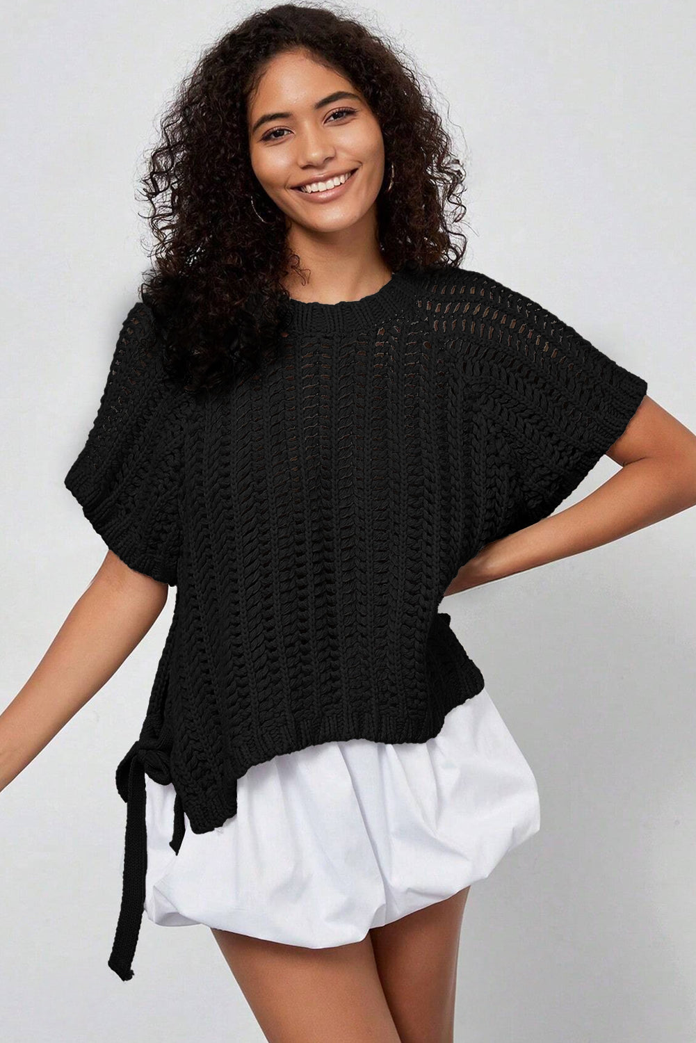 Plus size open gebreide trui met strik en korte mouwen