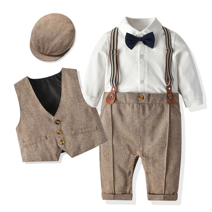 Boys Gentleman Suspender Romper Vest Set Short Sleeve Bow Tie Casual Two Piece Outfit