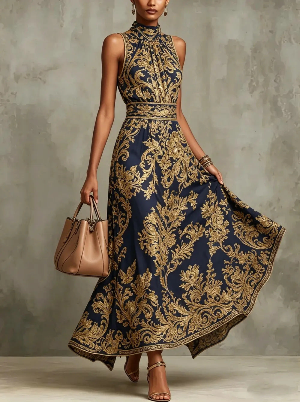 Lady's golden embroidered fitted and slimming evening gown for formal events