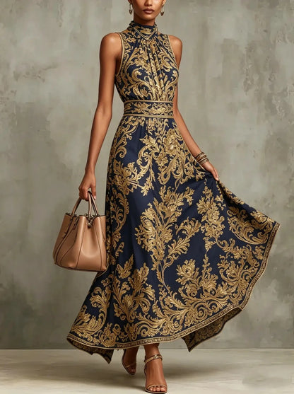 Lady's golden embroidered fitted and slimming evening gown for formal events