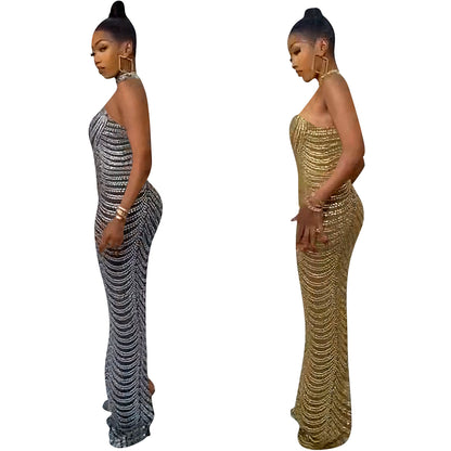 Elegant Diamond Backless Long Dress