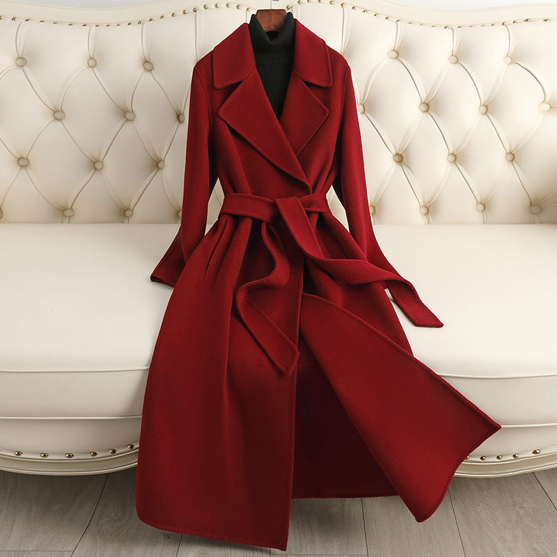 Women's Double-Sided 100% Wool Long Over-The-Knee Coat with Suit Collar