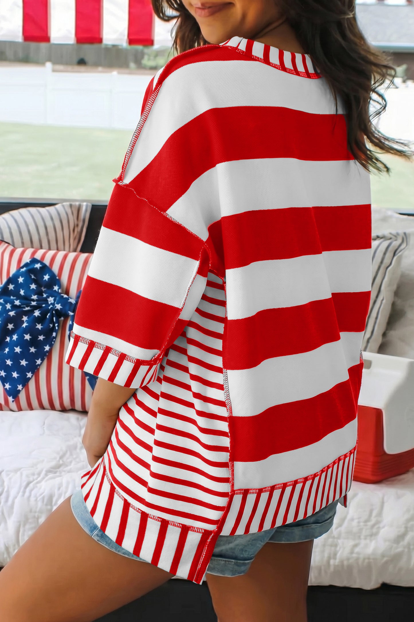 T-shirt met strepen pailletten strik patriottische stijl en korte mouwen