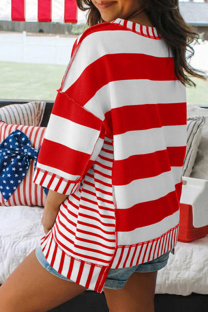 T-shirt met strepen pailletten strik patriottische stijl en korte mouwen