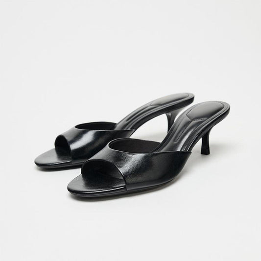 Black Stiletto High Heels Half-Mule Peep-Toe Low-Heeled Sandals for Women
