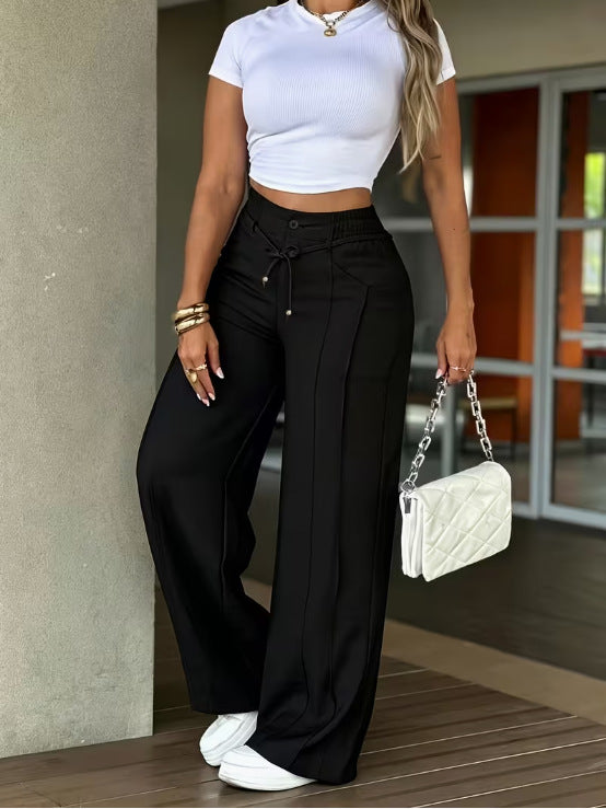 Drawstring High Waist Wide Leg Pants