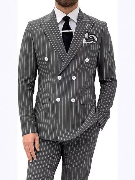 Mens Double Breasted Slim Fit Suit Two Piece