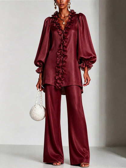 long-sleeve lace V-neck solid color women's clothing