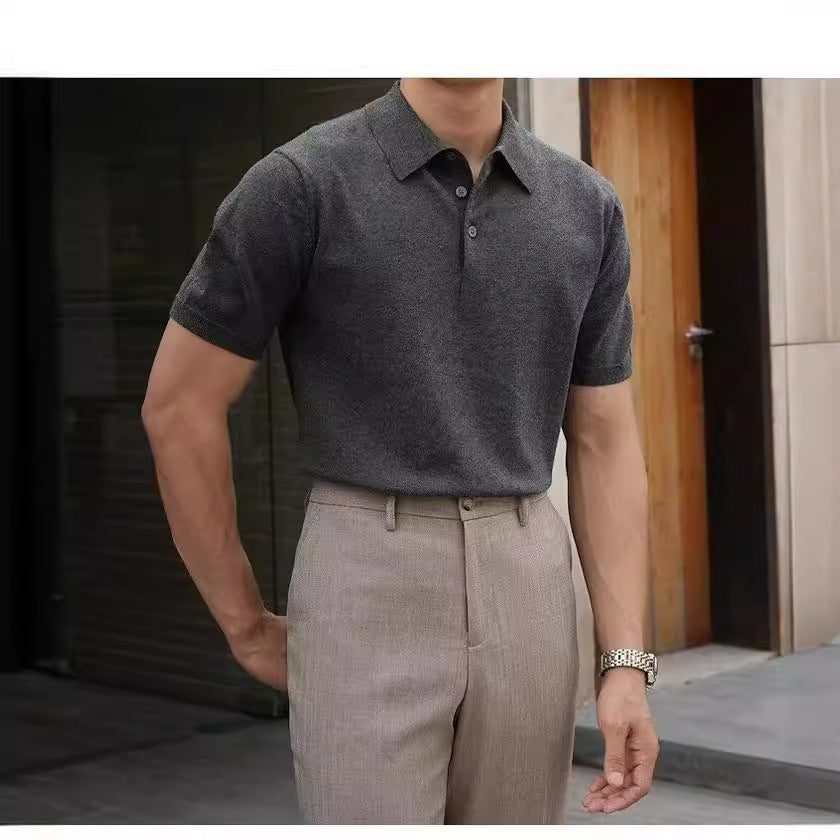 Fashion Casual Lapel Pure Color Polo Shirt Casual Knitted Short-Sleeved Men's Summer New Breathable Trendy Men's T-Shirt