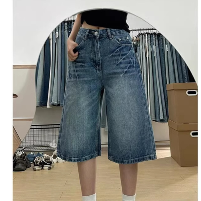 Rhinestone Bamboo Denim Wide-Leg Cropped Pants