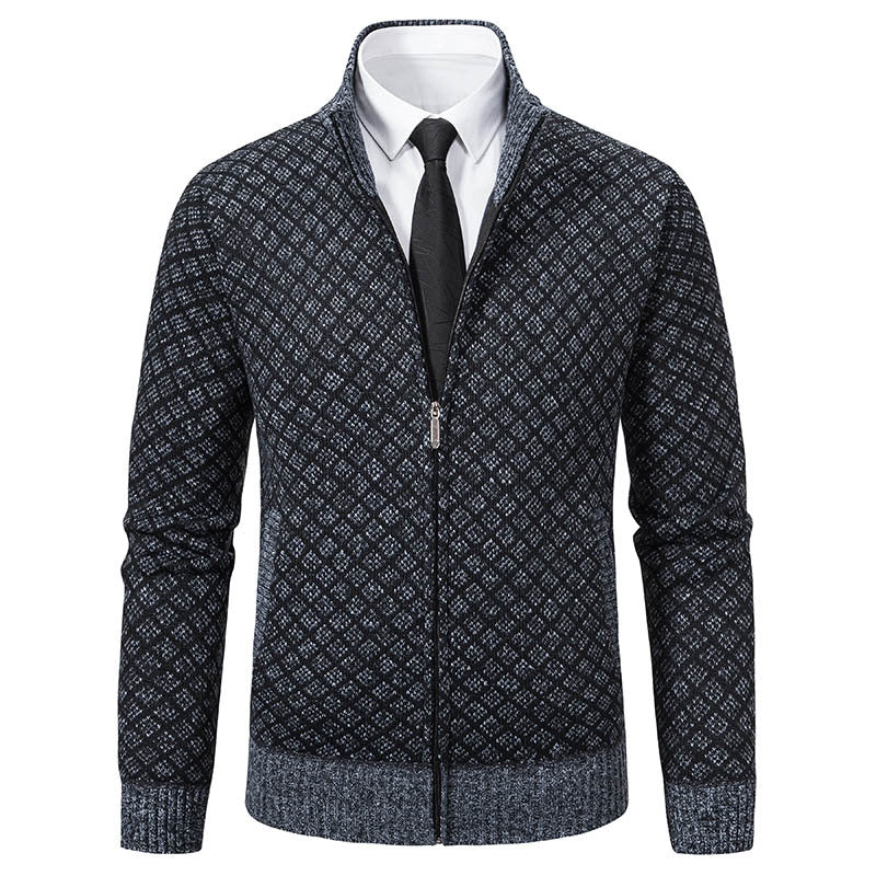Autumn and Winter Velvet Thickeneded Casual Cardigan Sweater Men's Stand-Up Collar Outer Hooded Zipper Knitted Sweater Jacket