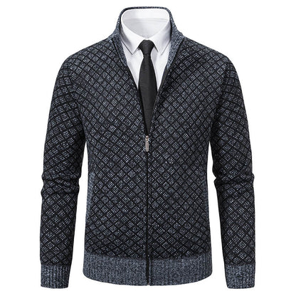 Autumn and Winter Velvet Thickeneded Casual Cardigan Sweater Men's Stand-Up Collar Outer Hooded Zipper Knitted Sweater Jacket