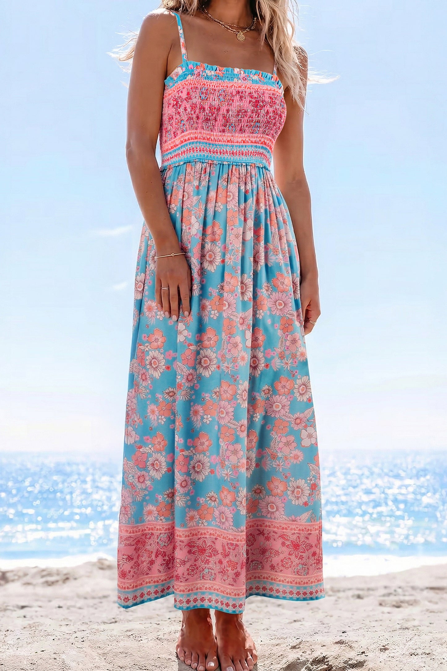 Maxi-jurk met bohemian etnische print gesmokte buste en spaghettibandjes