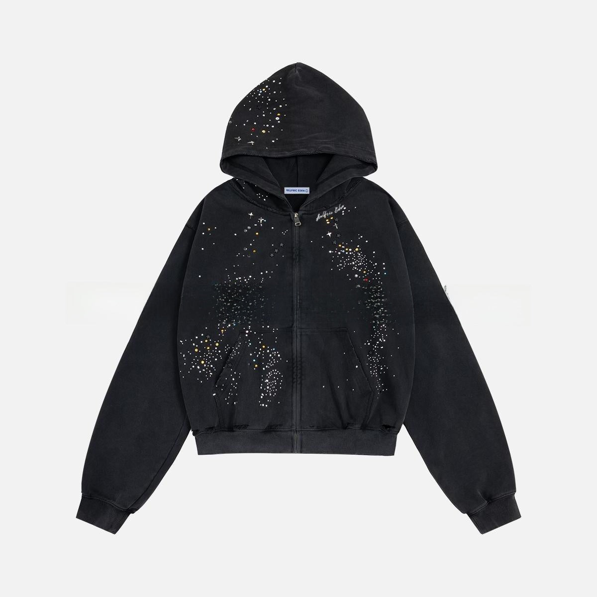 Rhinestone Hooded Sweatshirt Retro Washed Unisex