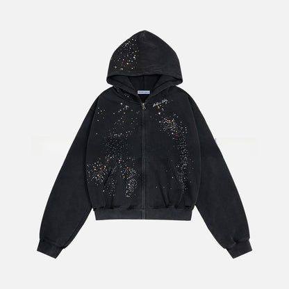 Rhinestone Hooded Sweatshirt Retro Washed Unisex