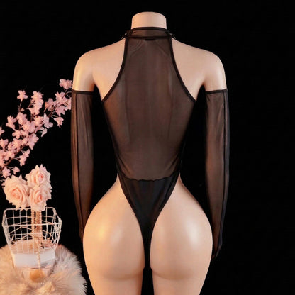 Mesh Bodysuit with Belt and Gloves Lingerie Set