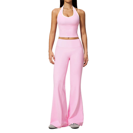 Nude Feel sportpak met strepen haltertop + wijde pijpen broek met hoge taille