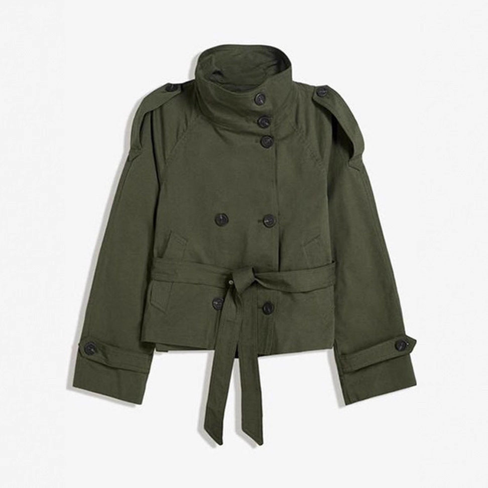 Retro Lapel Double-Breasted Lace-Up Long Sleeve Windbreaker Jacket