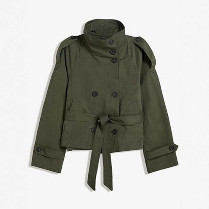 Retro Lapel Double-Breasted Lace-Up Long Sleeve Windbreaker Jacket