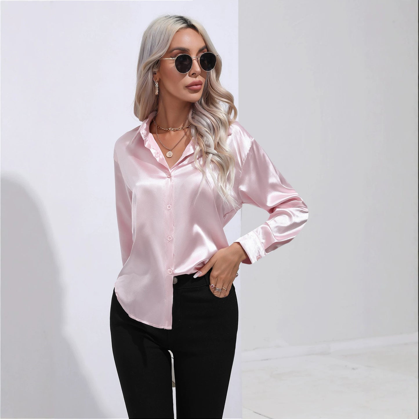 Womens Long Sleeve Satin Shirt