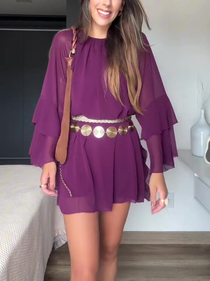 Pruimenkleurige Boheemse jurk met ruches en lange mouwen