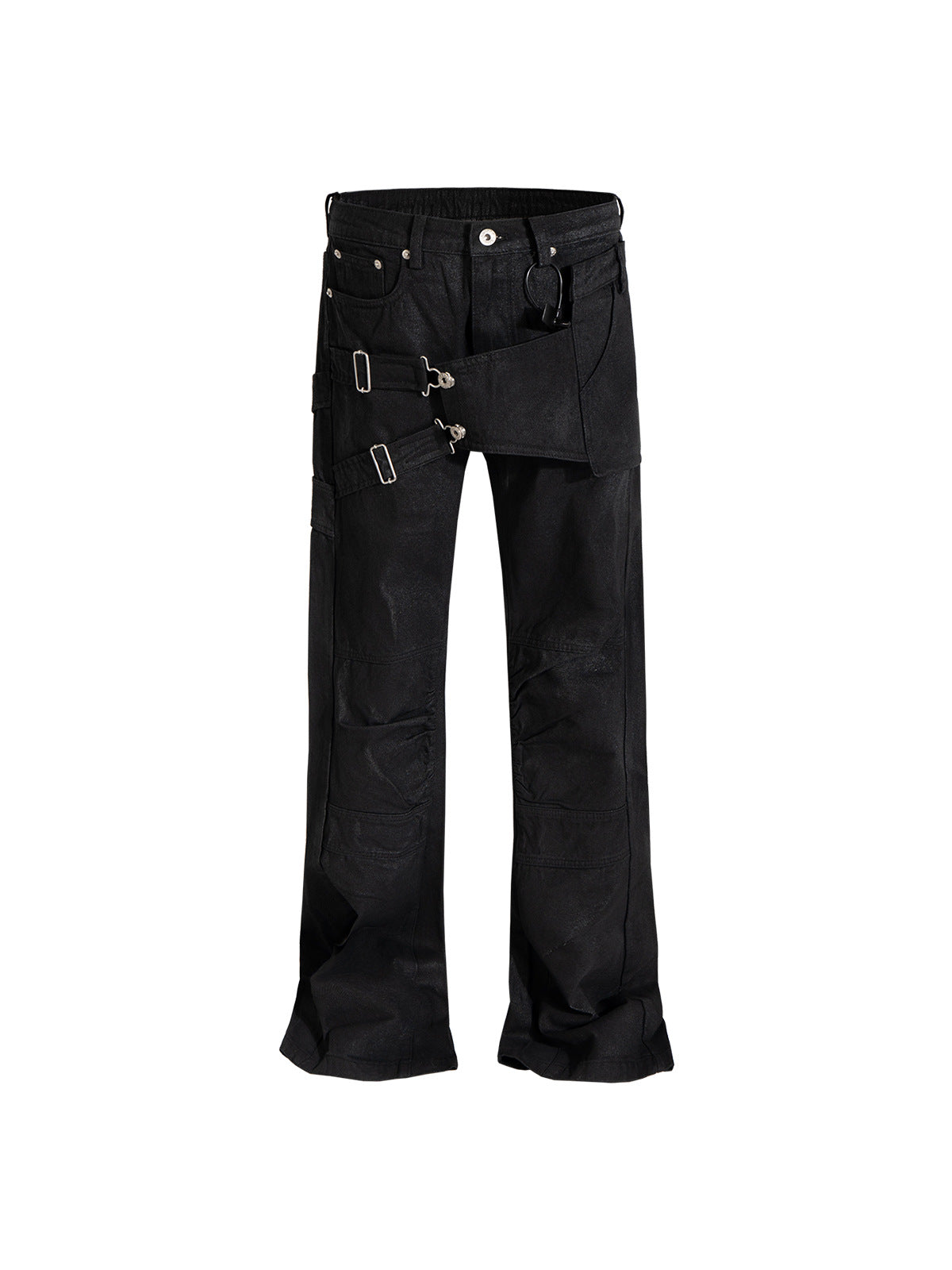 Unisex Multi-Pocket Deconstructed Layered Coated Slightly Flared Denim Jeans