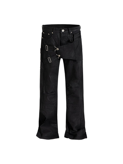 Unisex Multi-Pocket Deconstructed Layered Coated Slightly Flared Denim Jeans
