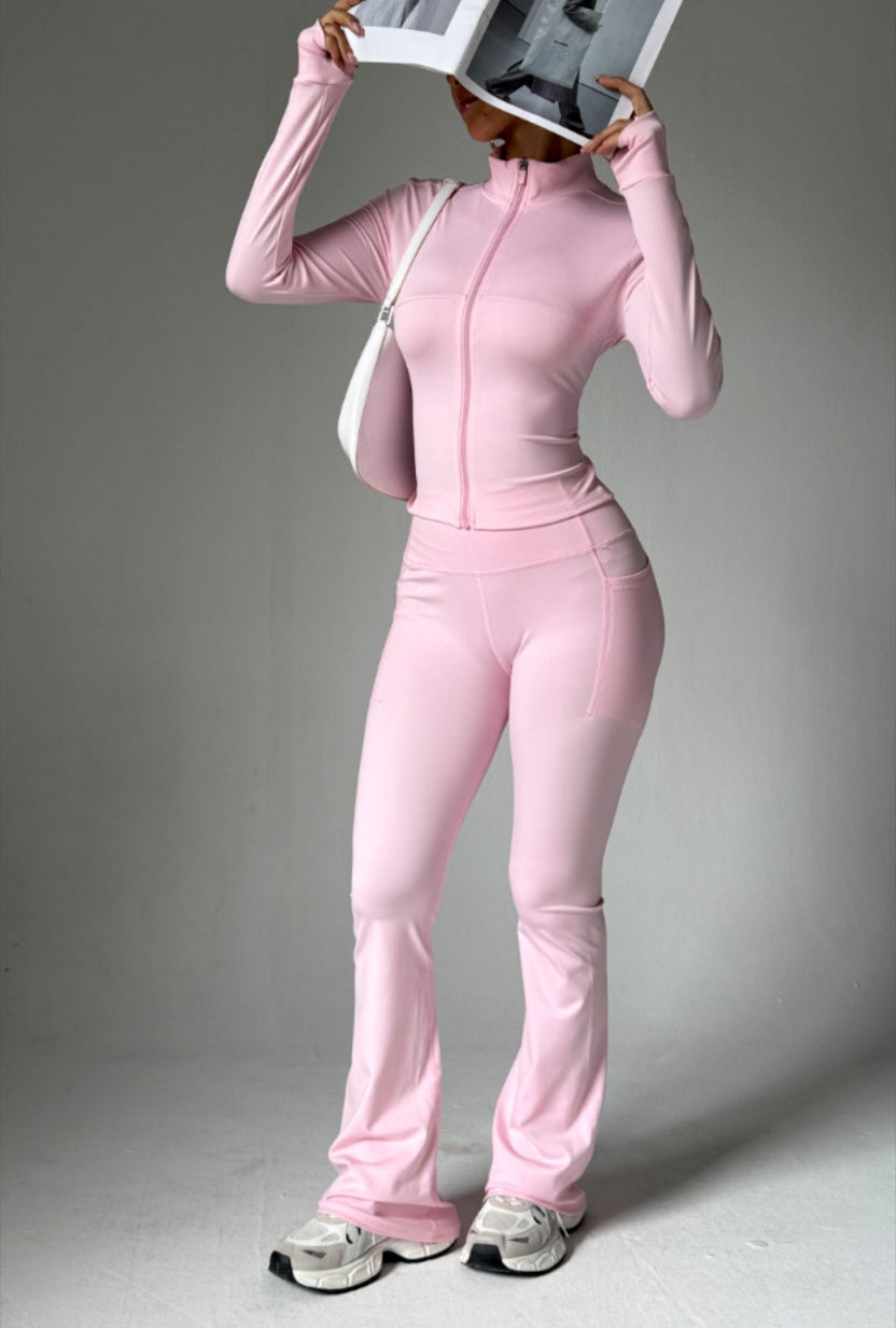 Opstaande kraag lange mouwen ritsjas broek met hoge taille wijde pijpen set