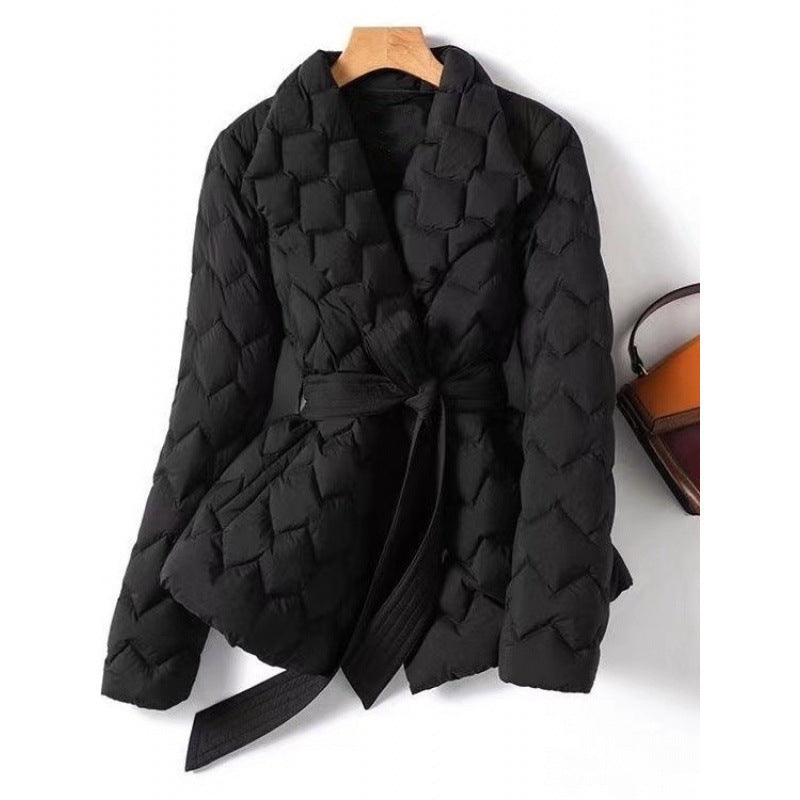 Women's Waist-Cinching Geometric Pattern Cotton Padded Coat