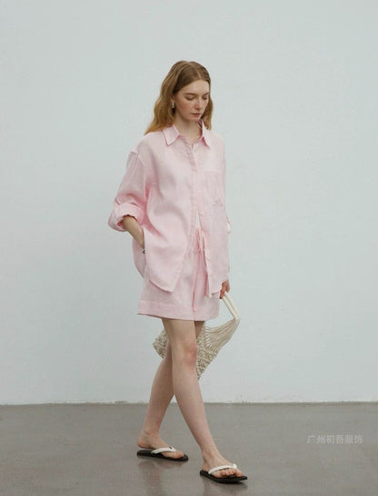 Womens Linen Casual Oversized Shirt Shorts Set