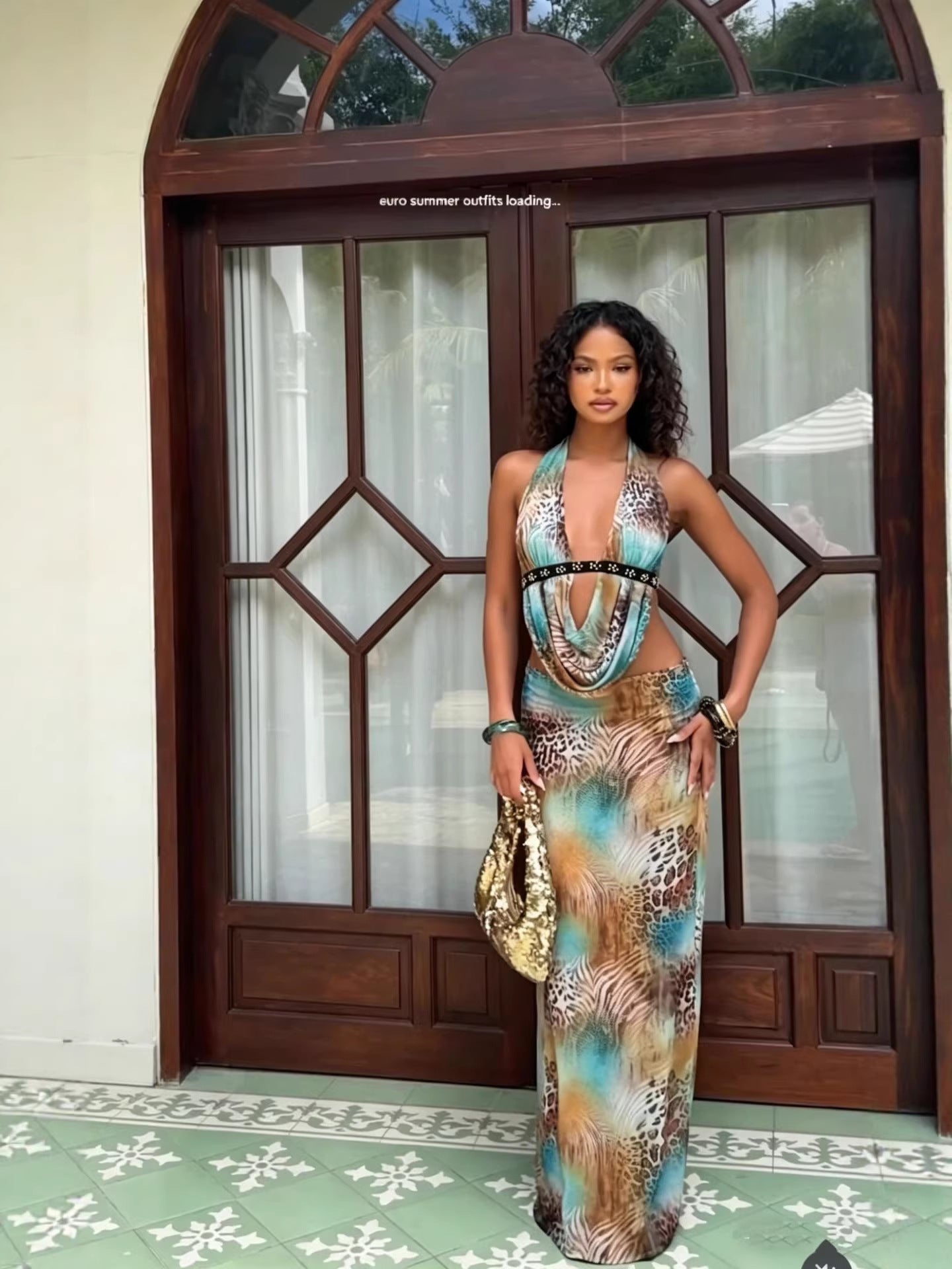 Leopard Print Rhinestone Halter Two-Piece Dress