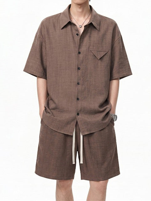 Imitation Linen Casual Suit for Men Summer Thin Drapey Short-Sleeve Shirt and Shorts Two-Piece Set
