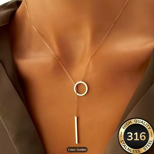 Geometric Circular Pendant Necklace Gold Plated Titanium Steel Chain