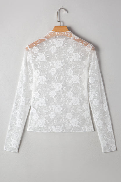Top met col bloemenkant mesh en lange mouwen
