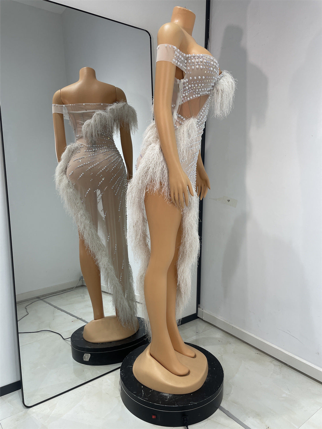 Pearl Mesh One Shoulder Evening Dress