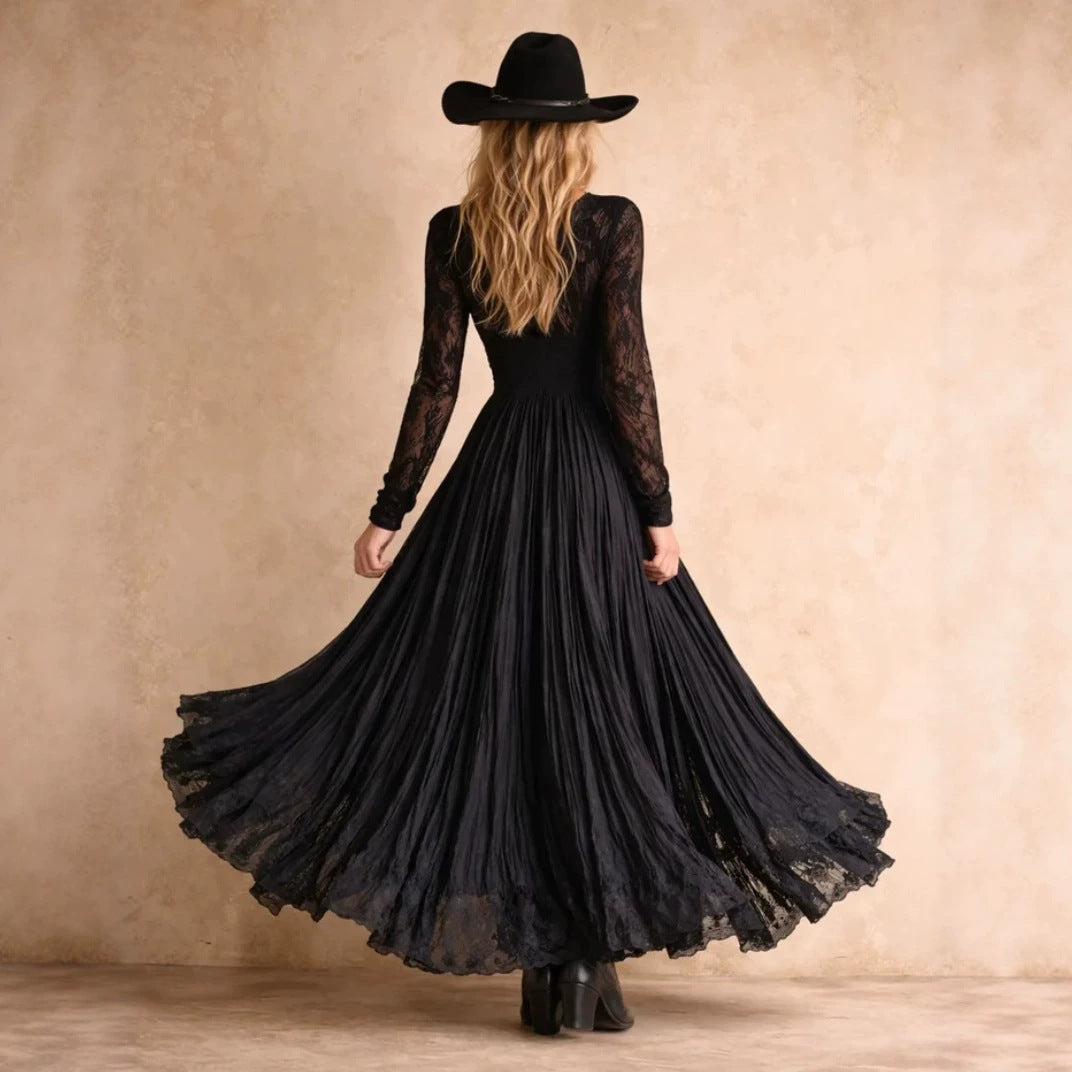 Vintage Lace Long Sleeve Deep V-Neck High Waist Slit Ruffle Floor-Length Dress