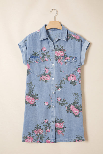 Denim jurk met bloemenprint korte mouwen manchetten zakken en knoopsluiting